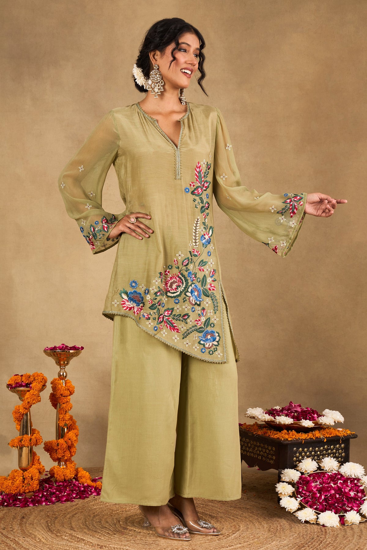 Zehra Olive Embroidered Kurta Set