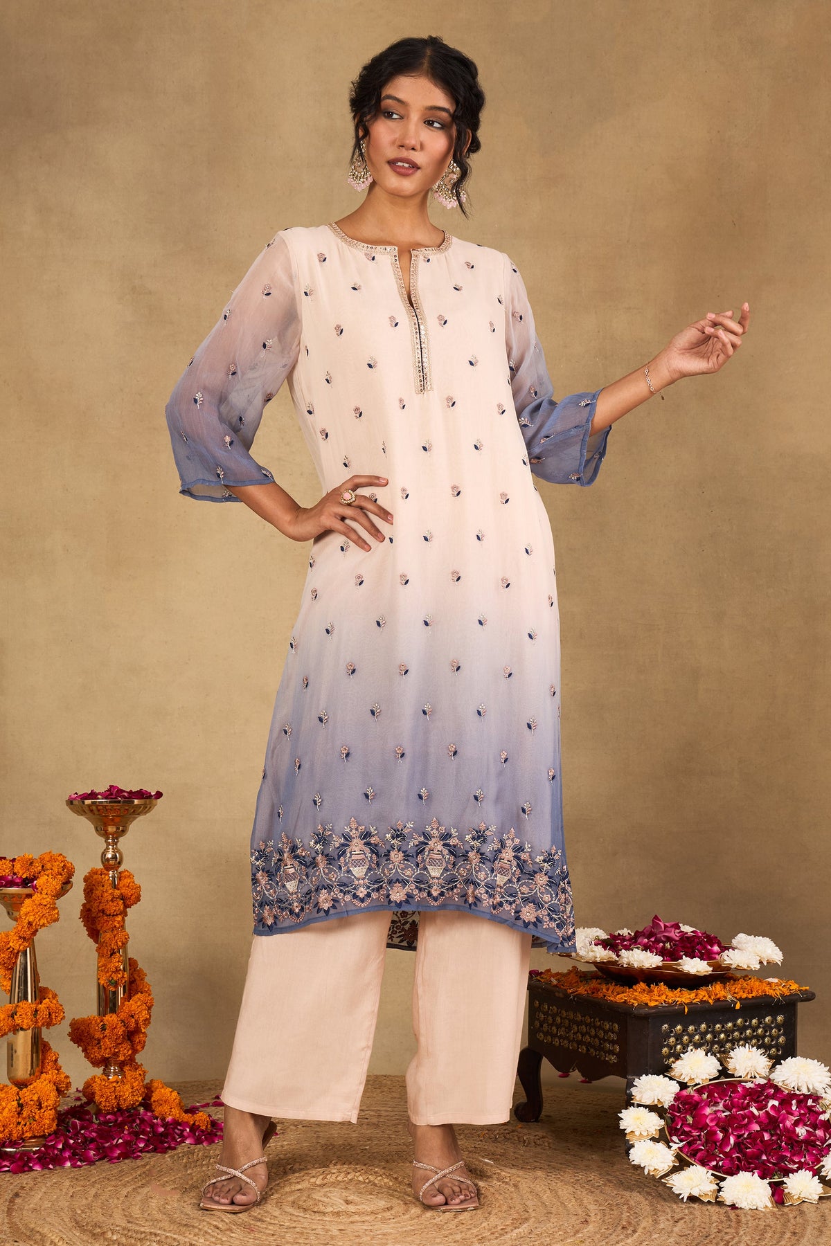 Meher Blush Blue Ombré Embroidered Kurta Set