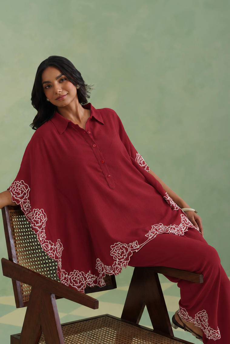 Mulberry Wine Bloom Kaftaan Co-ord Set