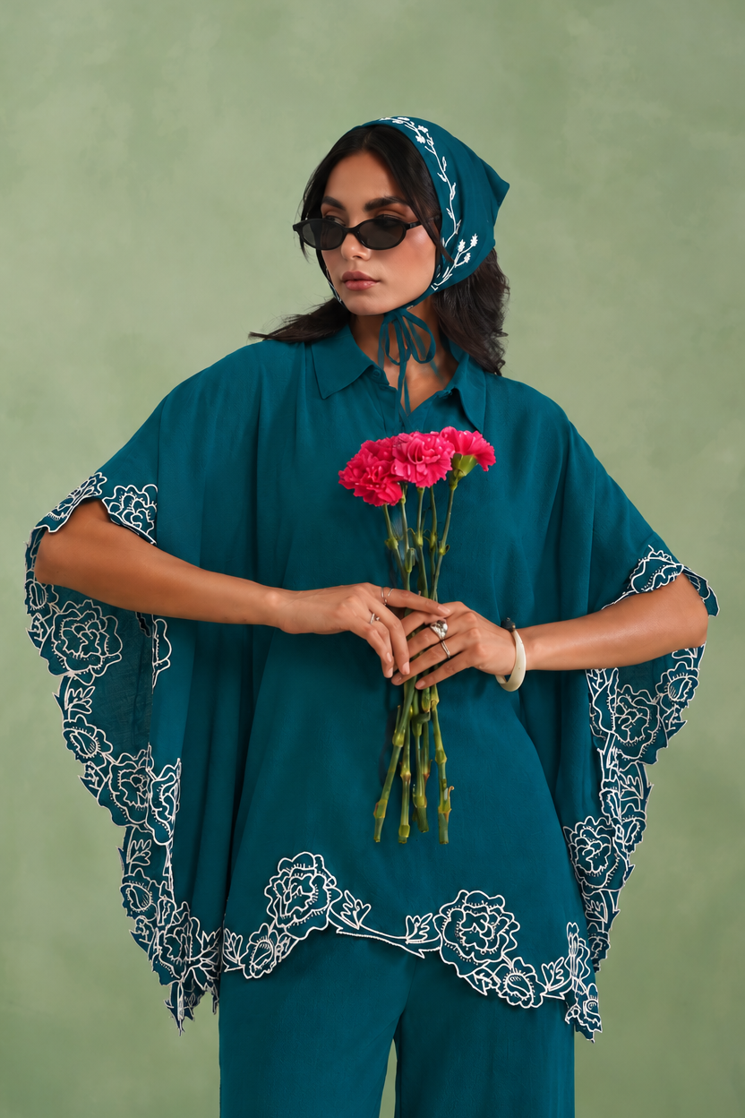 Peacock Teal Bloom Kaftaan Co-ord Set