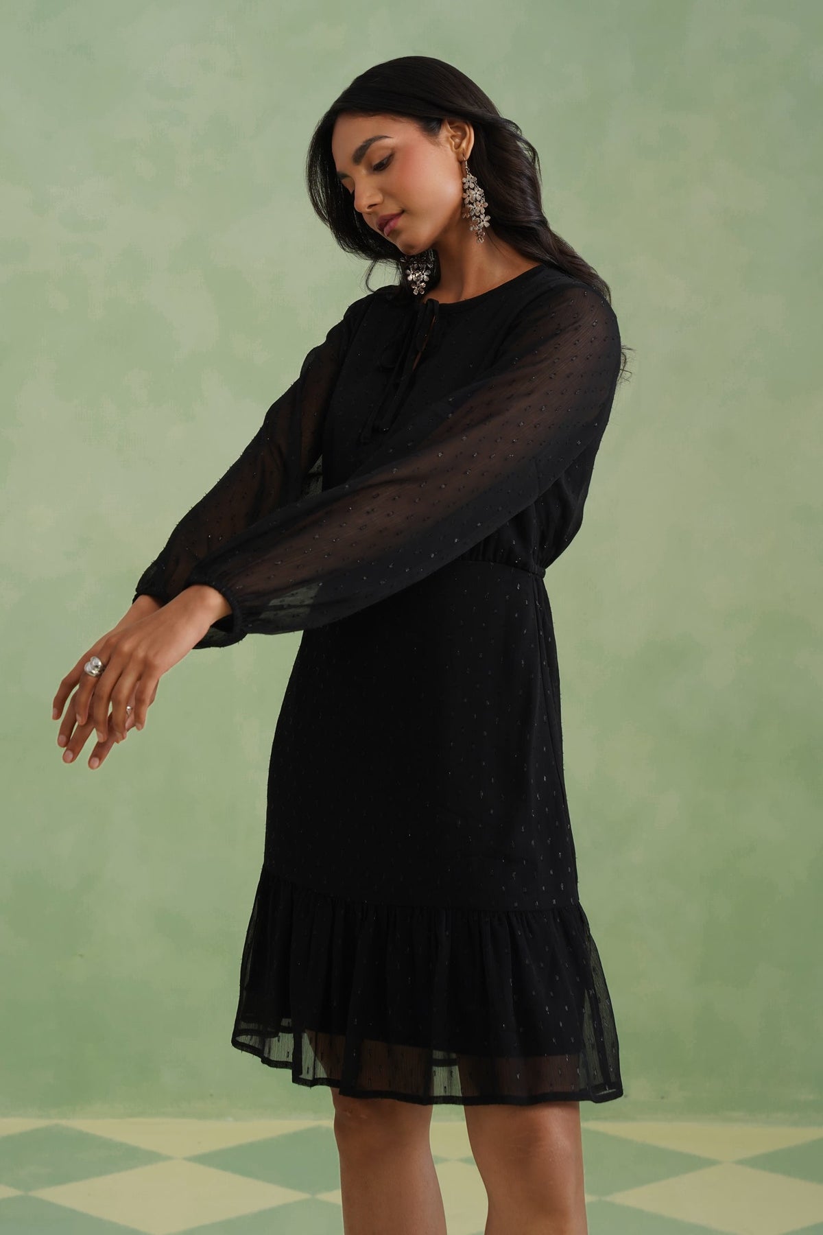Black Textured Metallic Thread Flounce Mini Dress