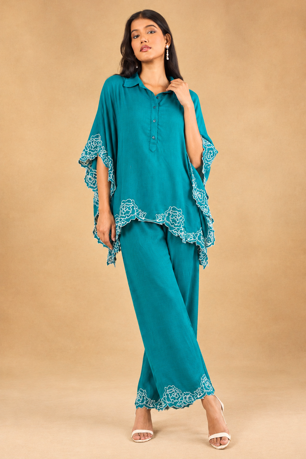 Peacock Teal Bloom Kaftaan Co-ord Set
