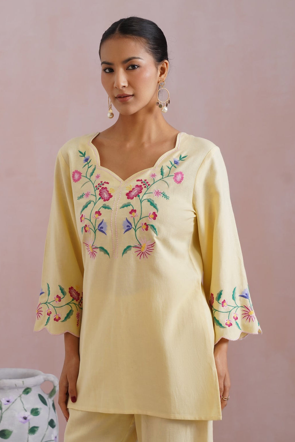 Butter Yellow Linen Blend Embroidered Co-Ord Set Korah Stitch