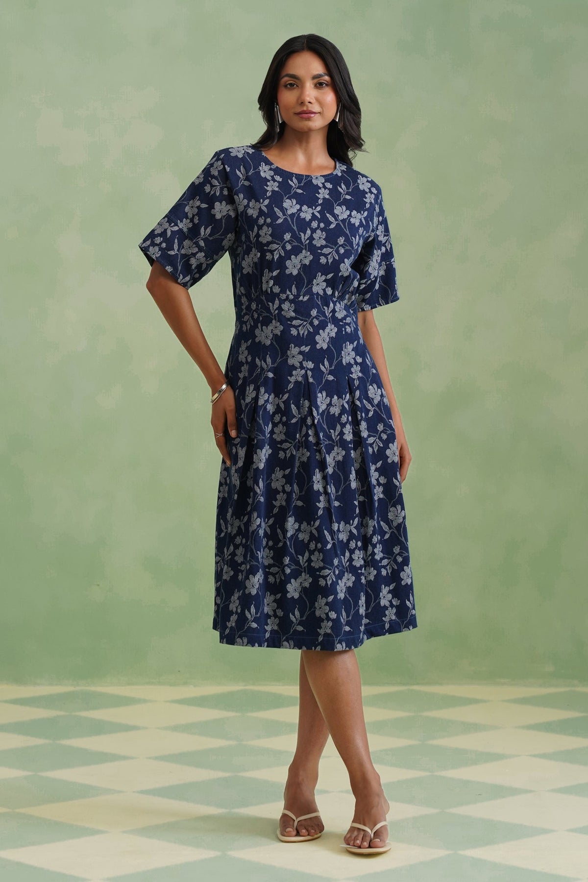 Indigo Floral Flared Jacquard Denim Midi Dress Korah Stitch