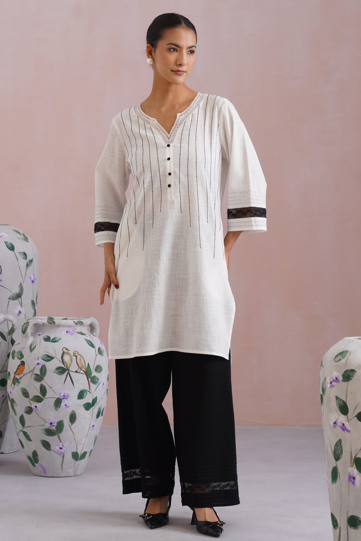 White & Black Embroidered Kurta Set with Organza Detailing Korah Stitch