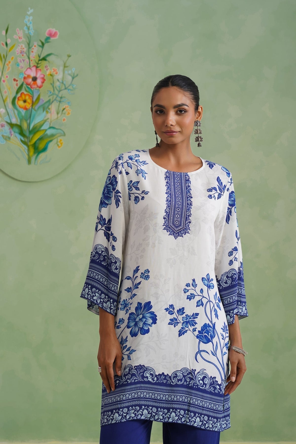 White & Blue Digital Placement Printed Kurta Set Korah Stitch