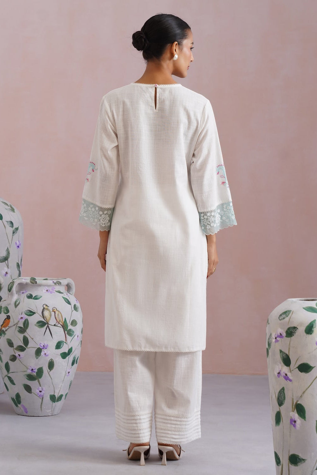 White Embroidered Kurta Set with organza detailing Korah Stitch