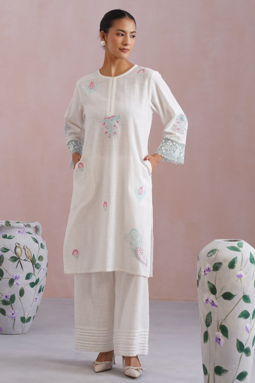 White Embroidered Kurta Set with organza detailing Korah Stitch