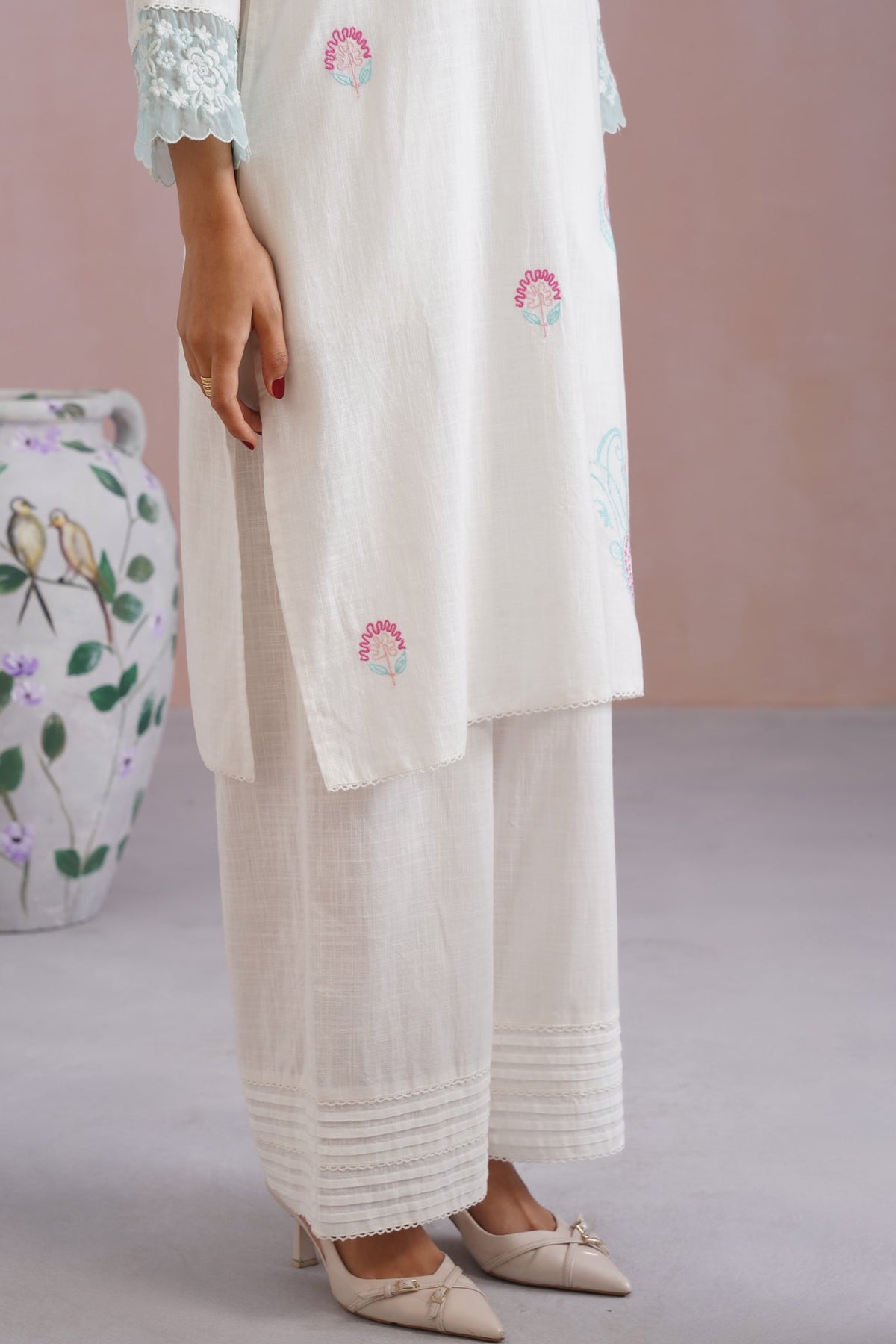White Embroidered Kurta Set with organza detailing Korah Stitch