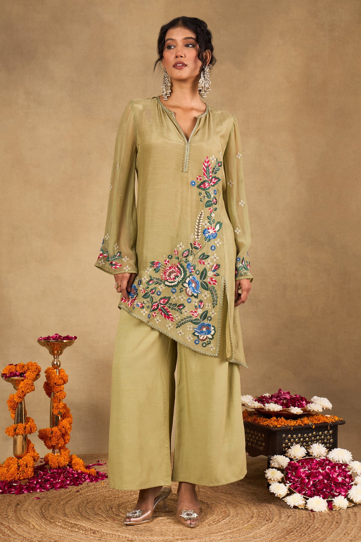 Zehra Olive Embroidered Kurta Set