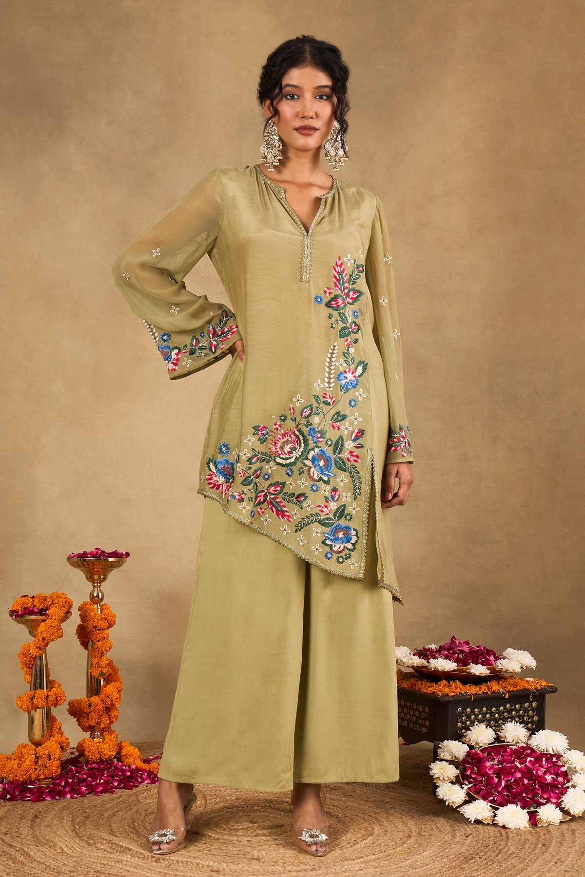 Zehra Olive Embroidered Kurta Set