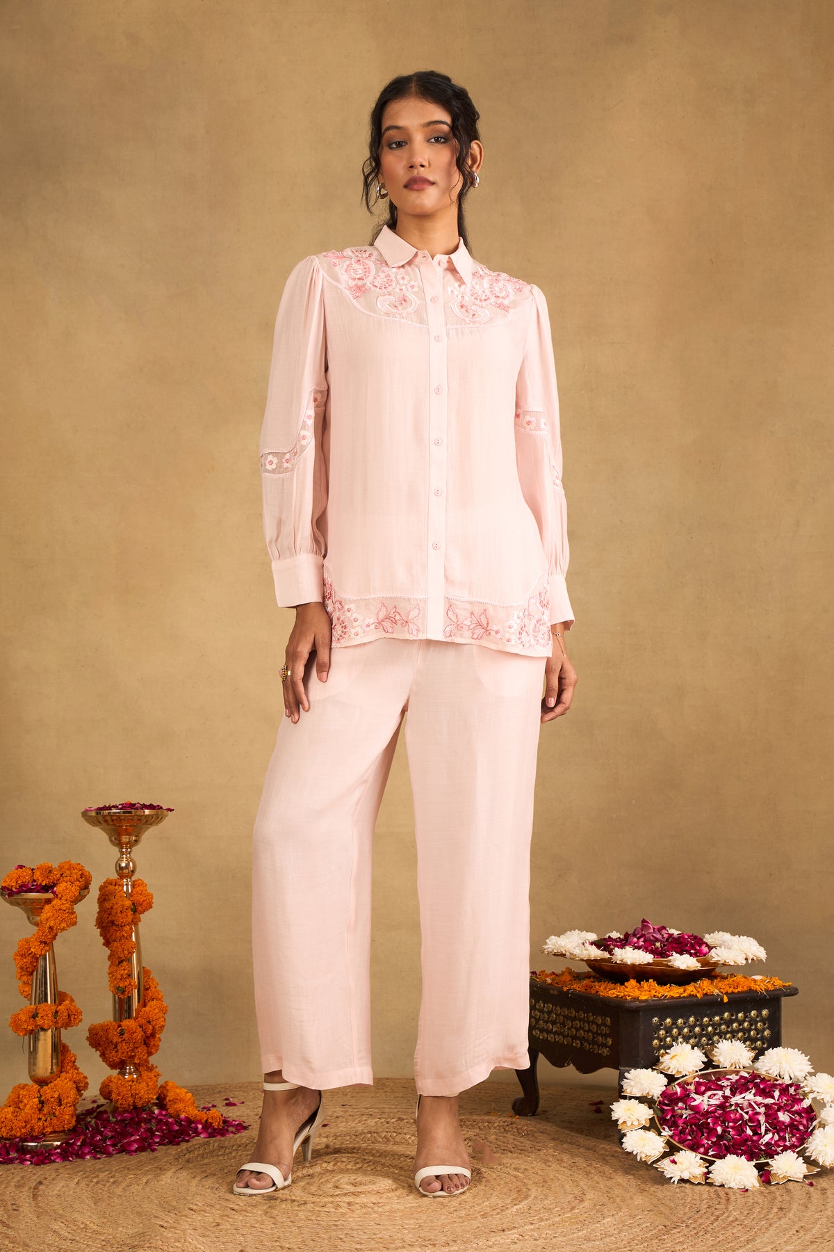 Rose Pink Floral Embroidered Co-Ord Set