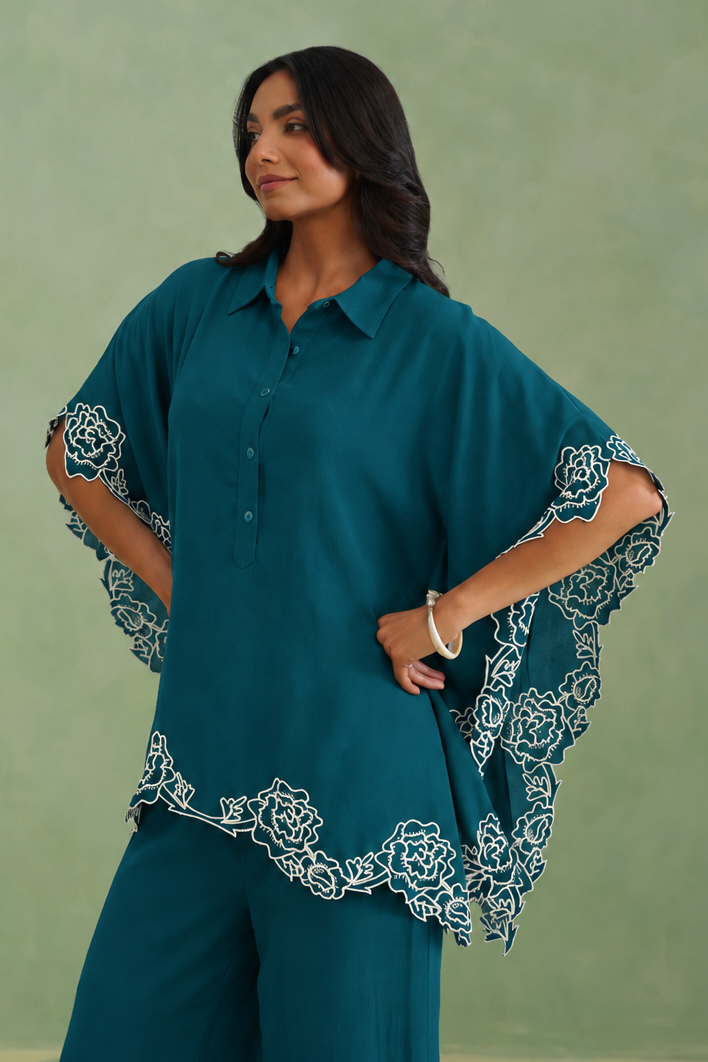 Peacock Teal Bloom Kaftaan Co-ord Set