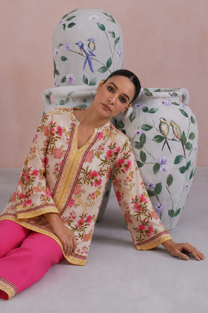 Ivory & Hot Pink Floral Printed Kurta Set