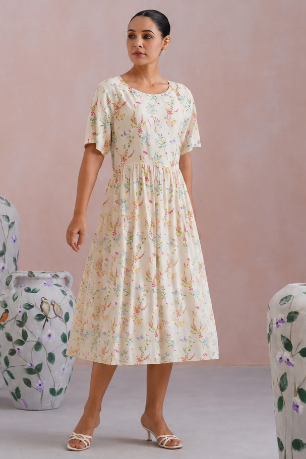 Ditsy Floral Printed Flared Midi Dress