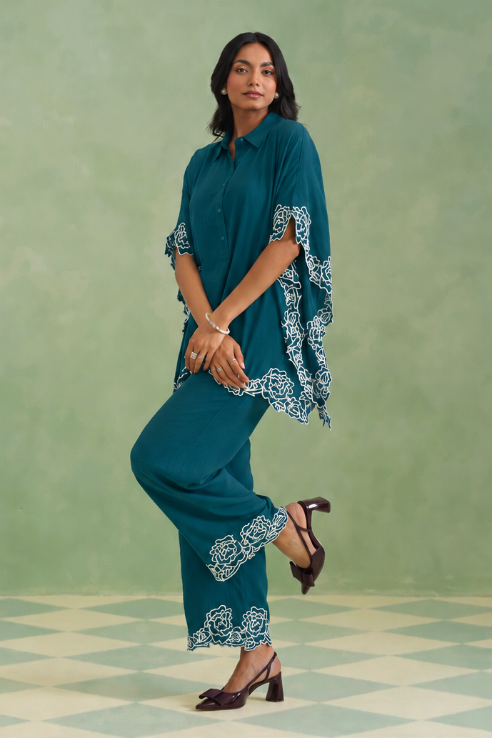 Peacock Teal Bloom Kaftaan Co-ord Set