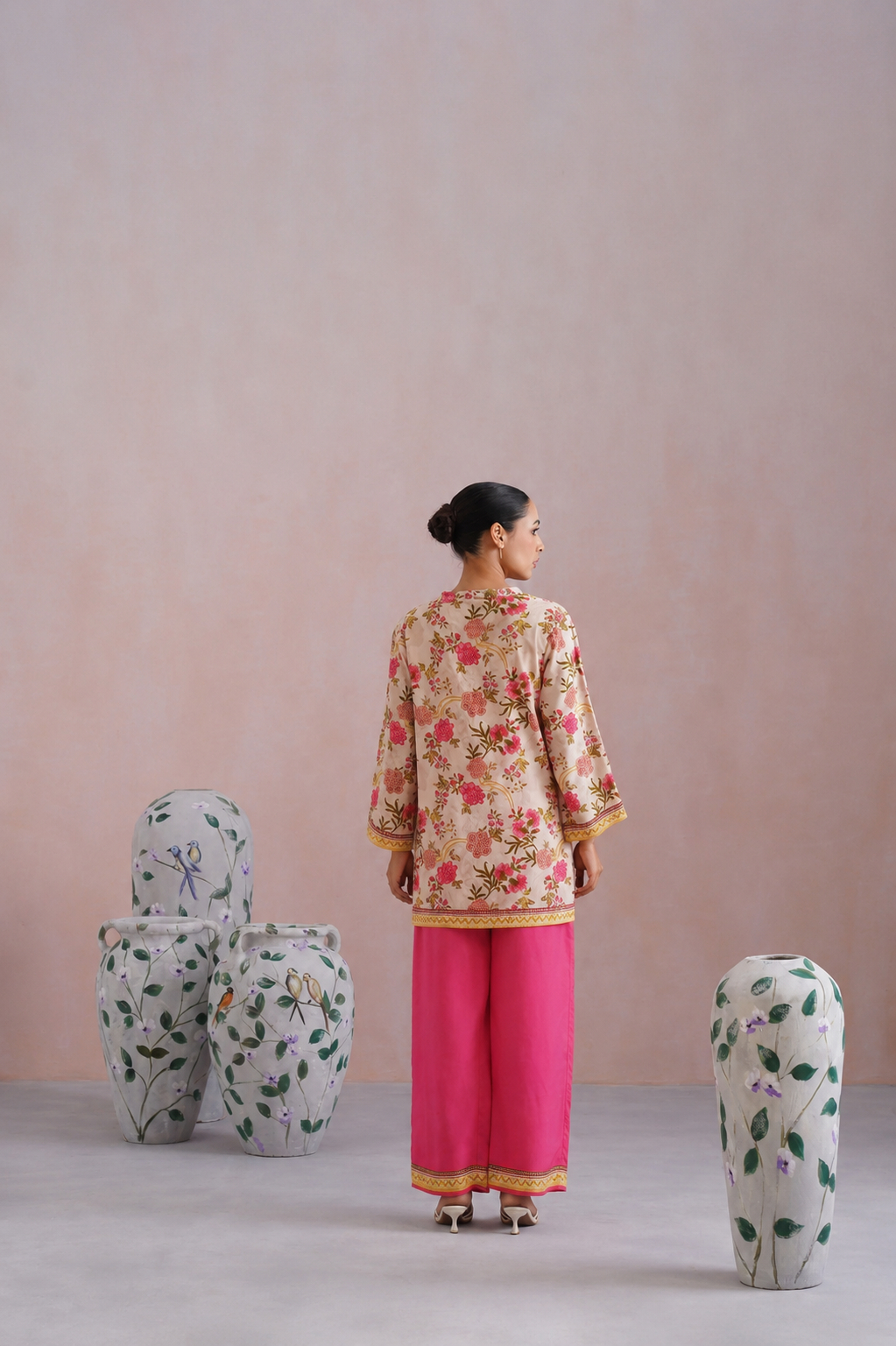 Ivory & Hot Pink Floral Digital Placement Printed Kurta Set
