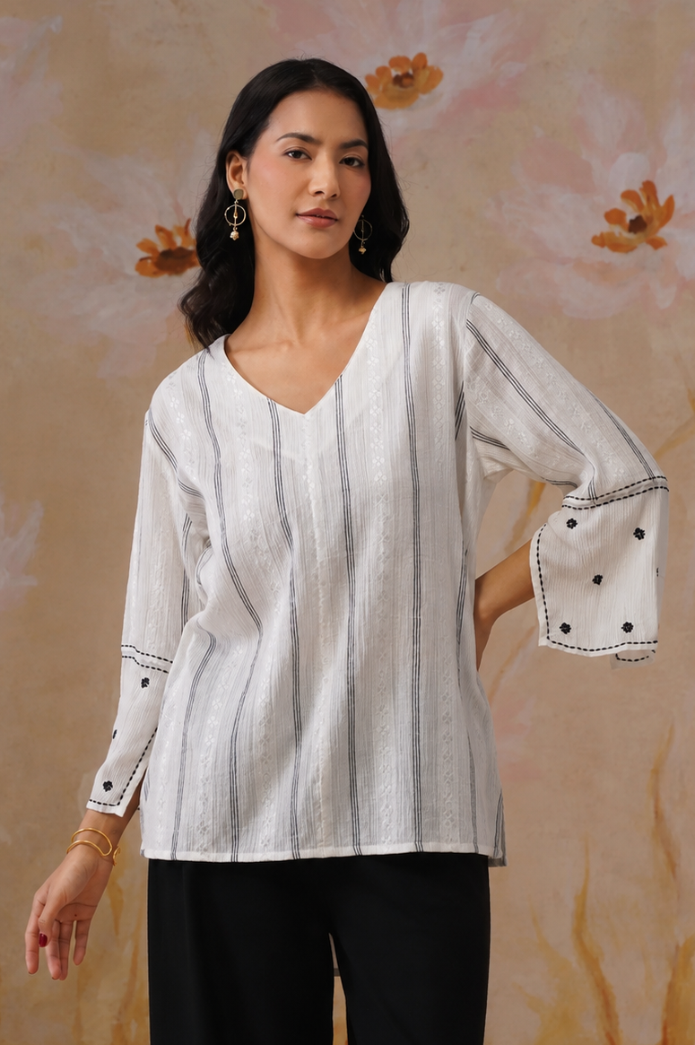 White Flowy Top with Sleeve Embroidery