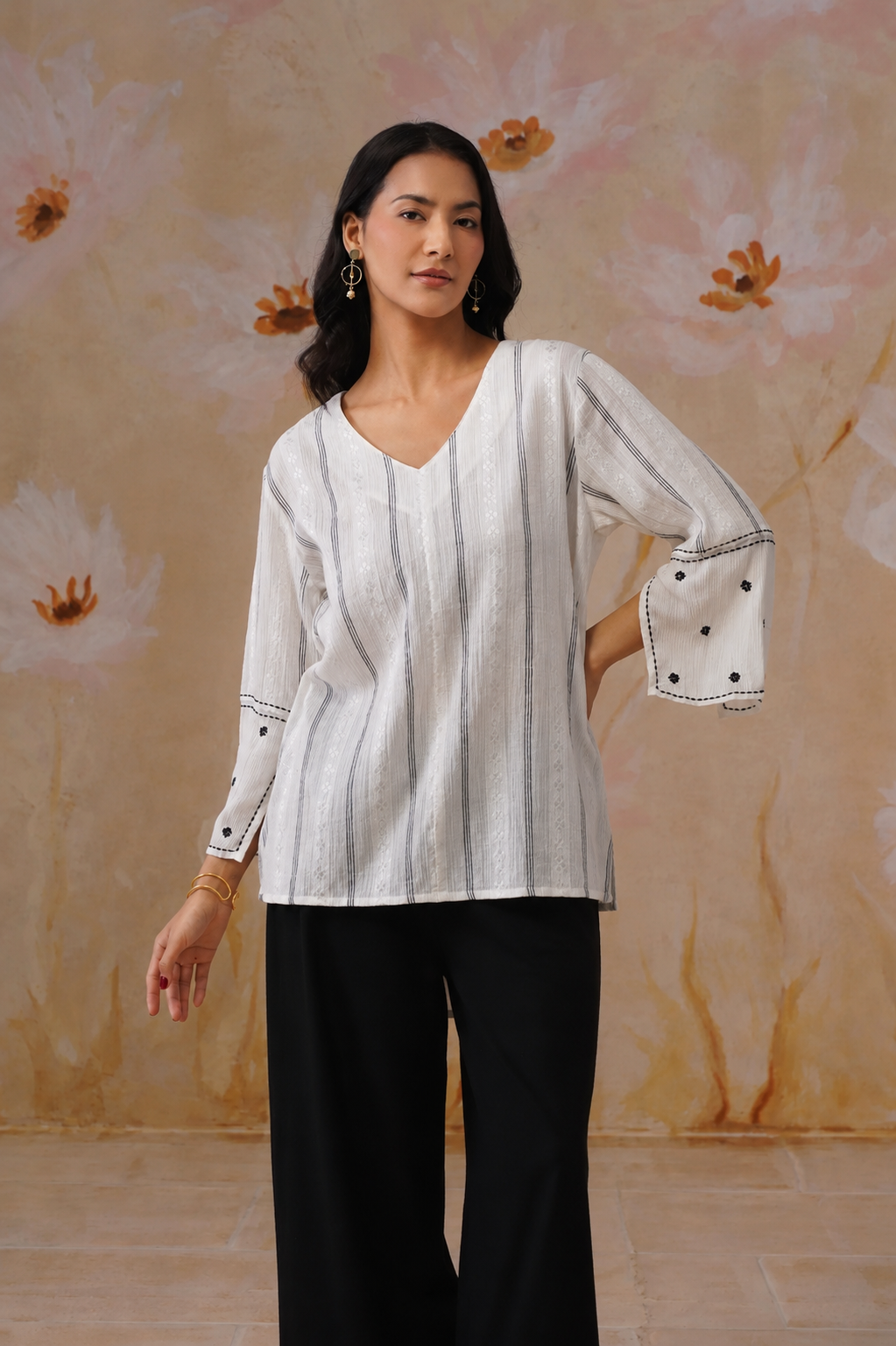 White Flowy Top with Sleeve Embroidery