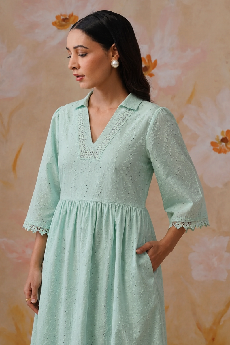Mint Green Broderie Flared Midi Dress