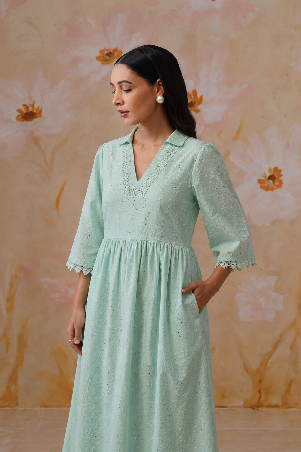 Mint Green Broderie Flared Midi Dress