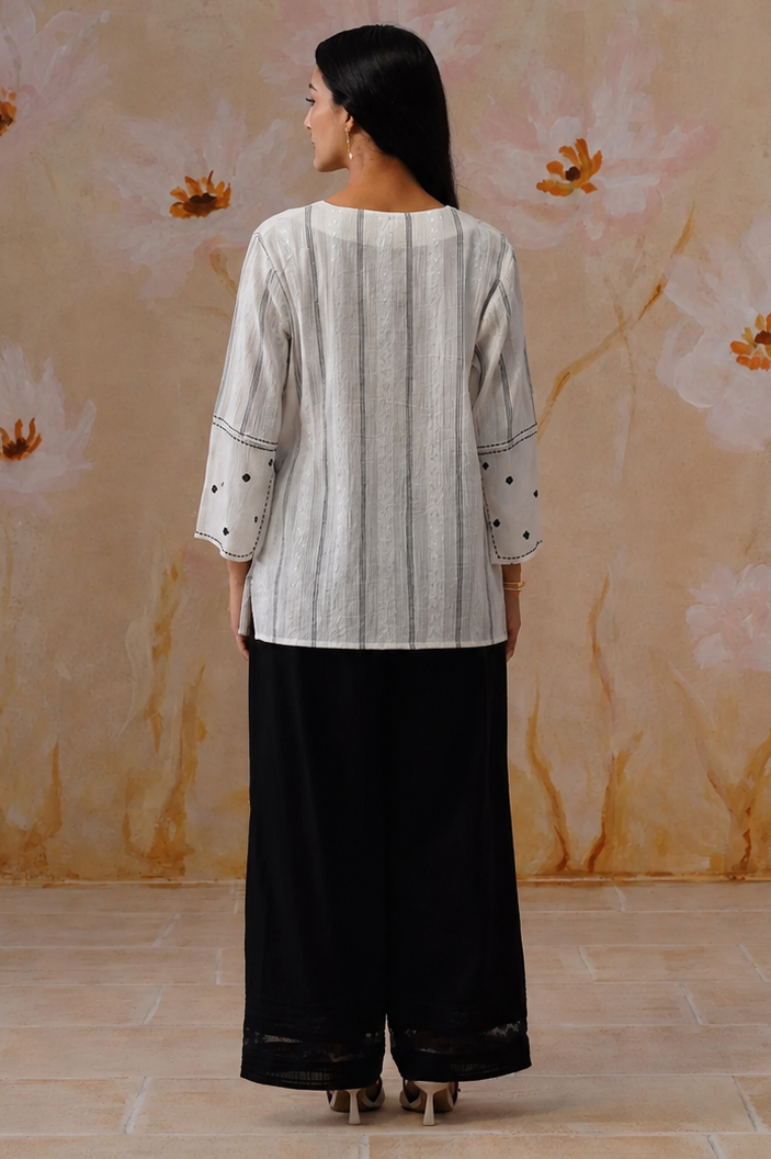 White Flowy Top with Sleeve Embroidery