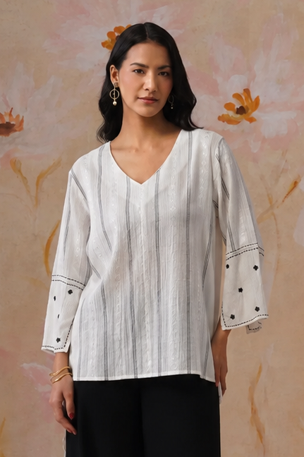 White Flowy Top with Sleeve Embroidery
