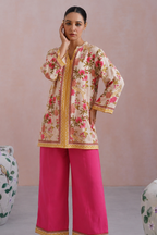 Ivory & Hot Pink Floral Printed Kurta Set