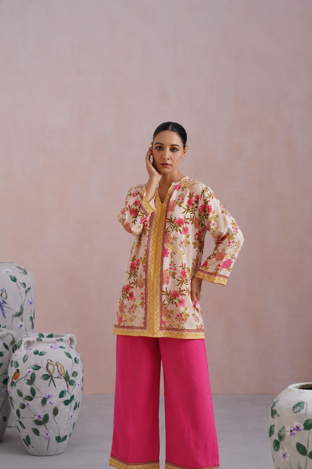 Ivory & Hot Pink Floral Digital Placement Printed Kurta Set
