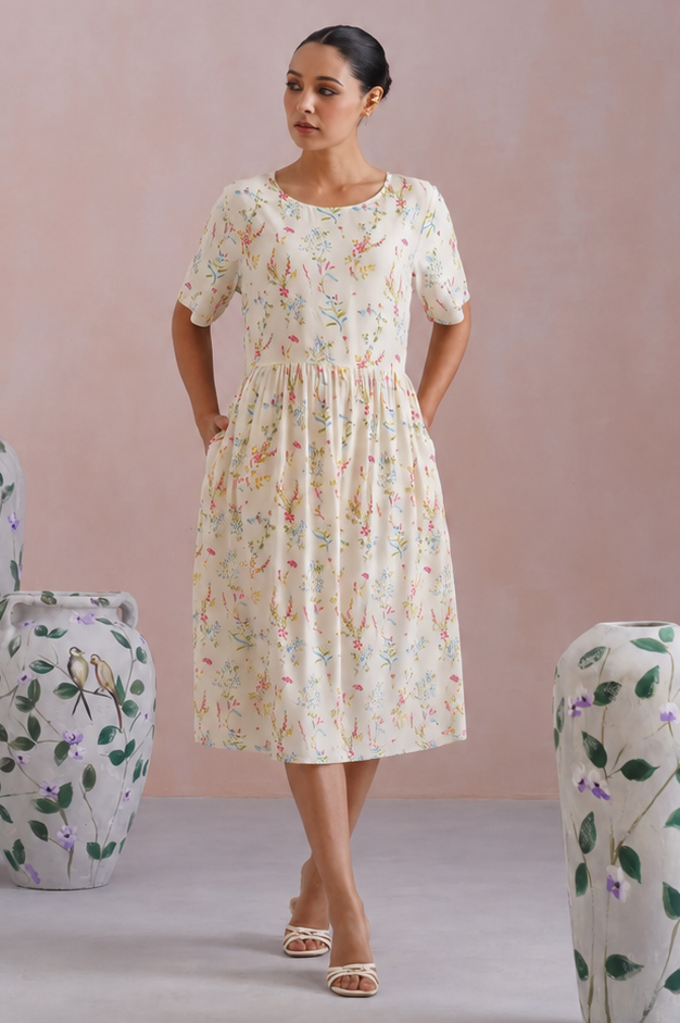 Ditsy Floral Printed Flared Midi Dress