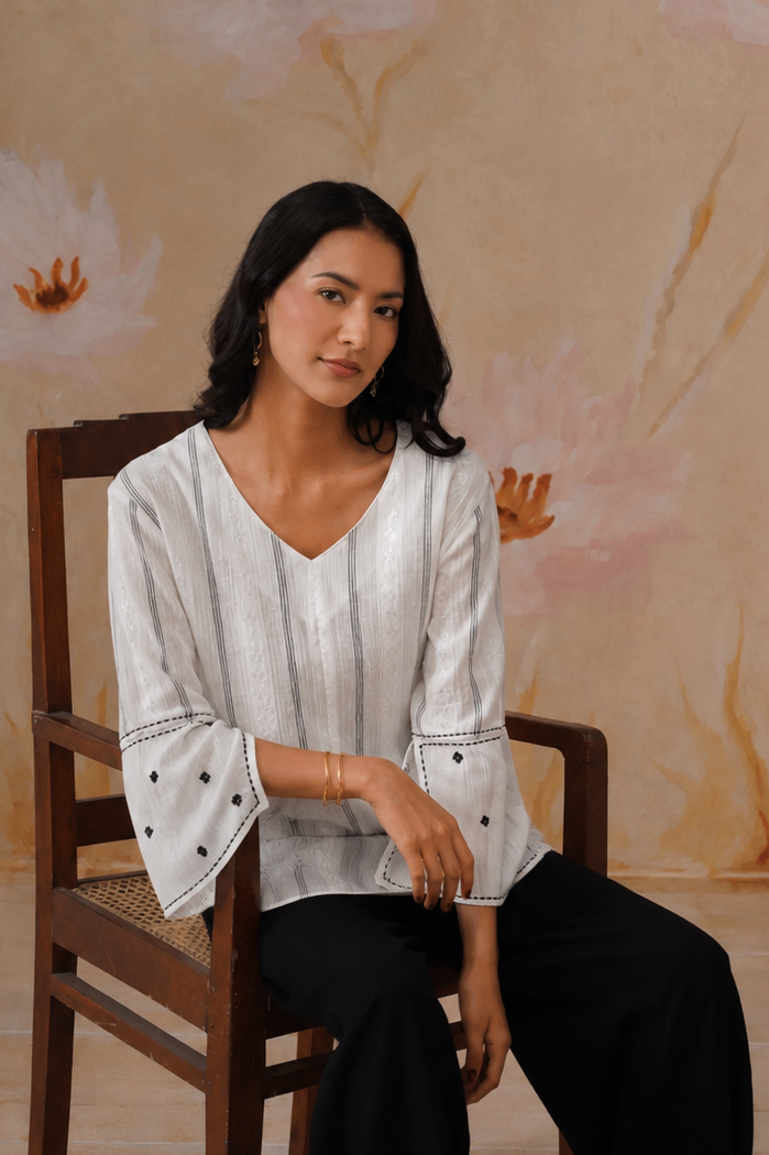 White Flowy Top with Sleeve Embroidery