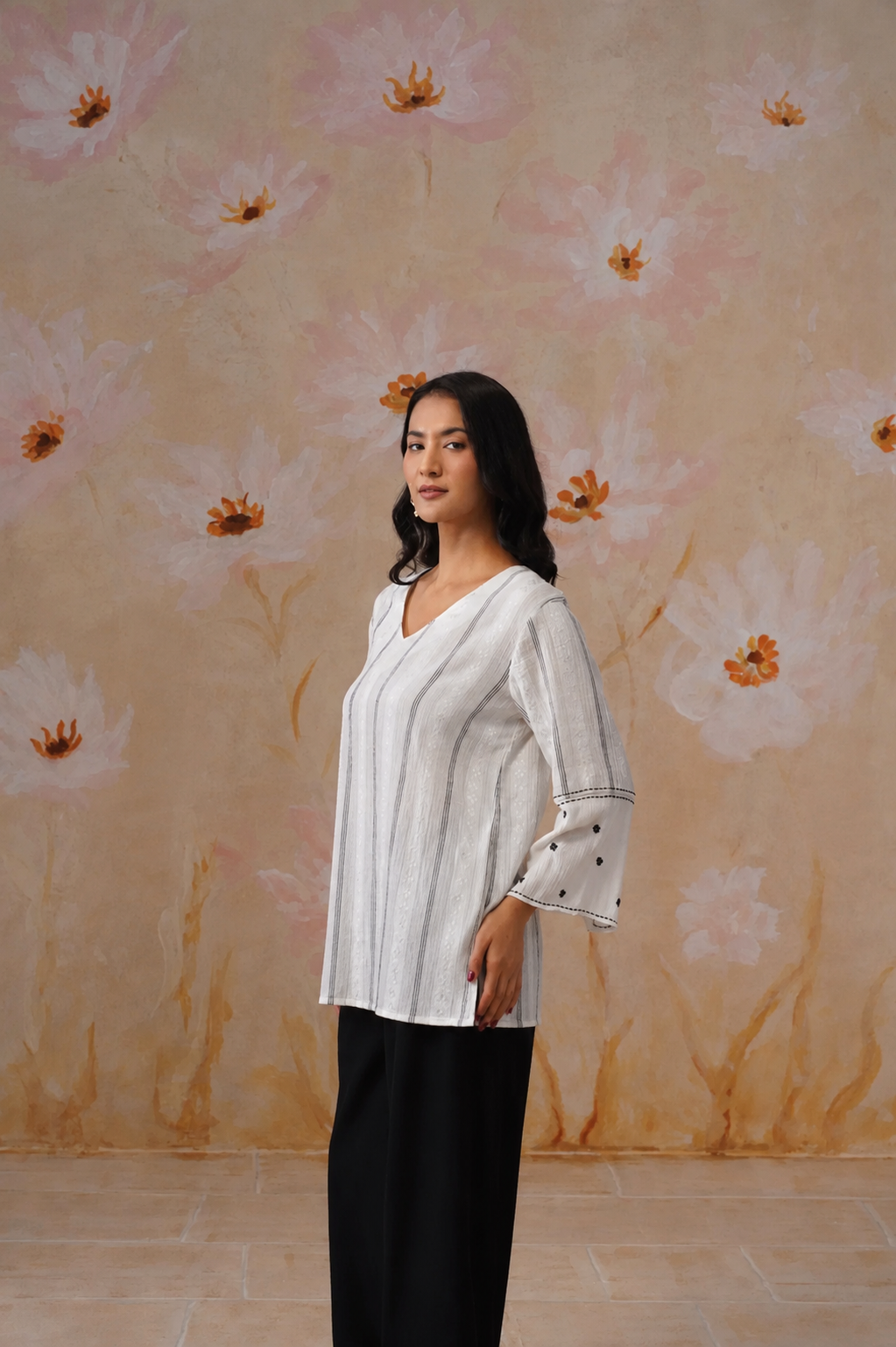 White Flowy Top with Sleeve Embroidery