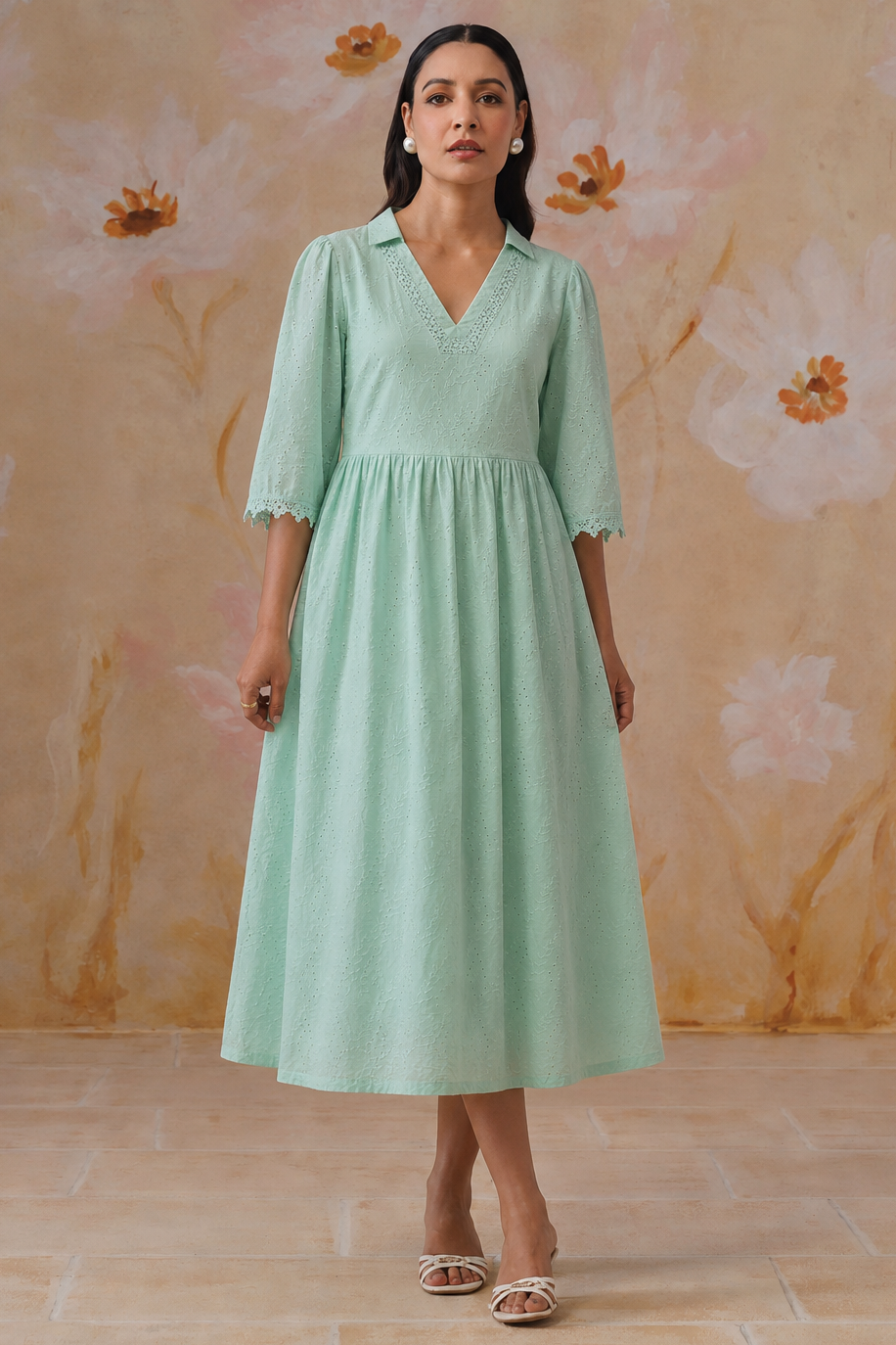Mint Green Broderie Flared Midi Dress