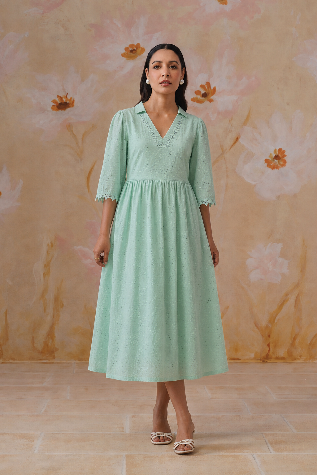 Mint Green Broderie Flared Midi Dress