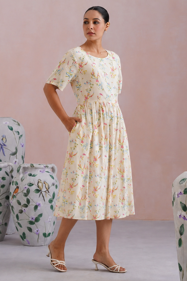 Ditsy Floral Printed Flared Midi Dress