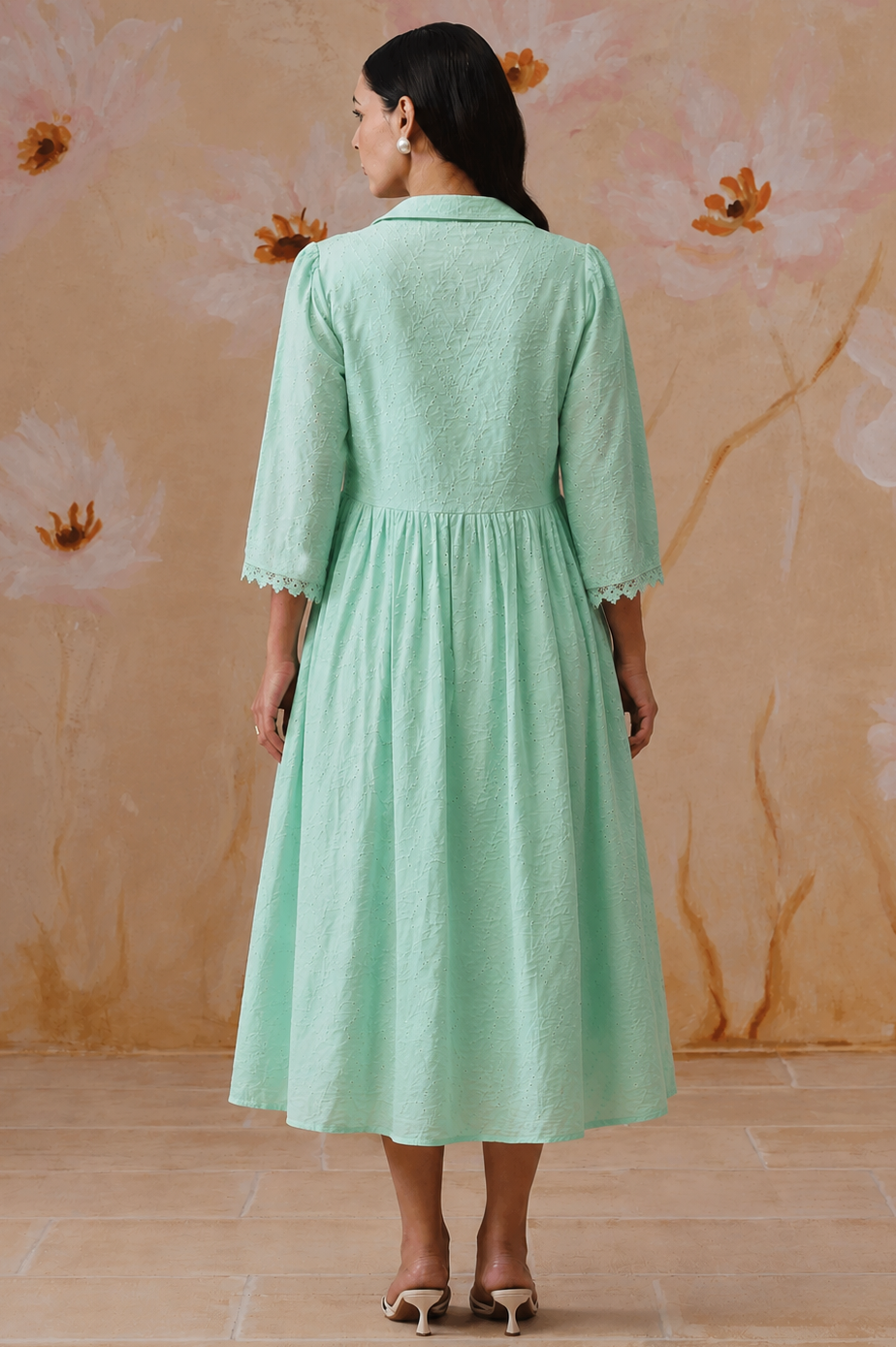 Mint Green Broderie Flared Midi Dress
