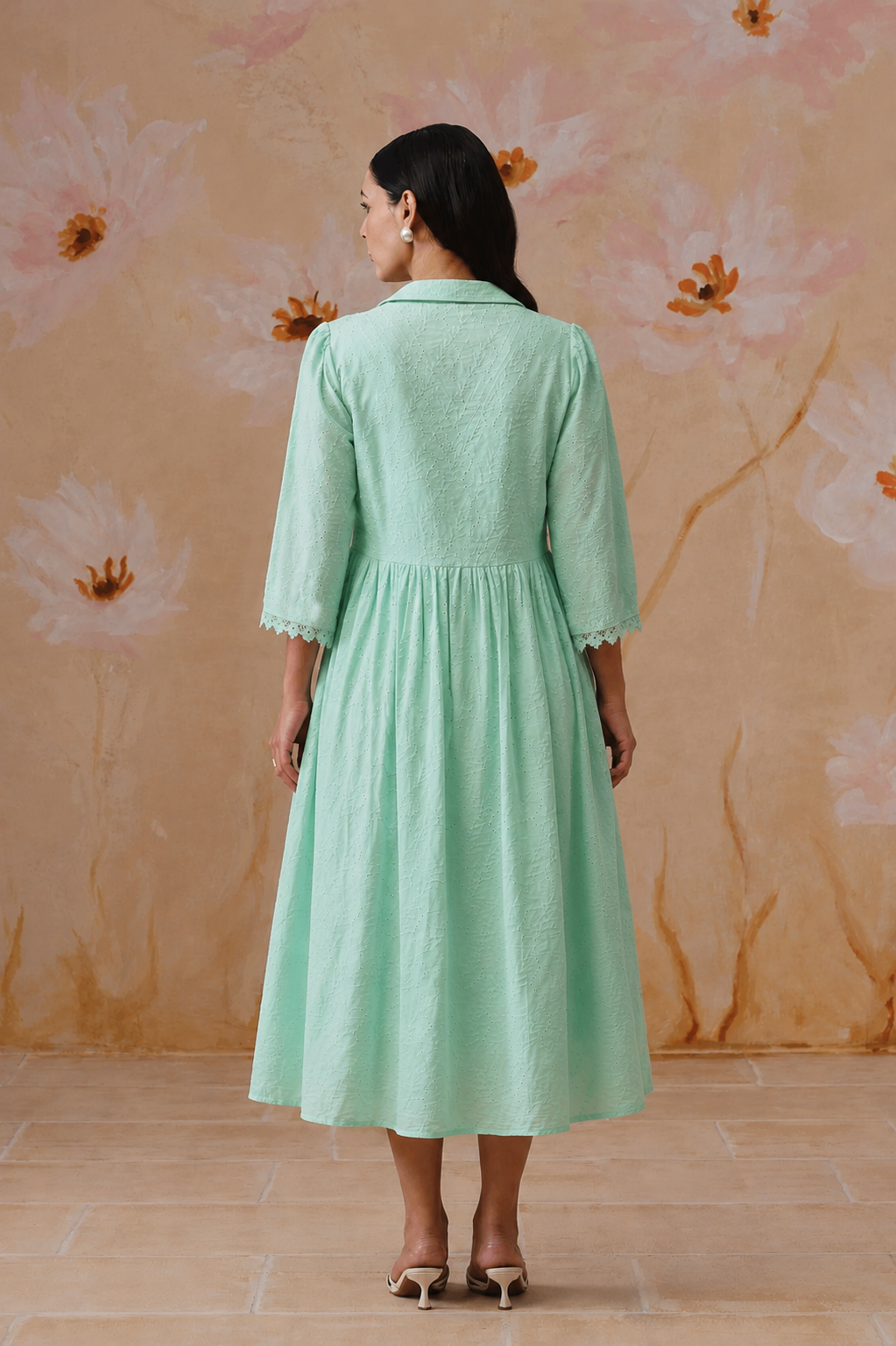 Mint Green Broderie Flared Midi Dress