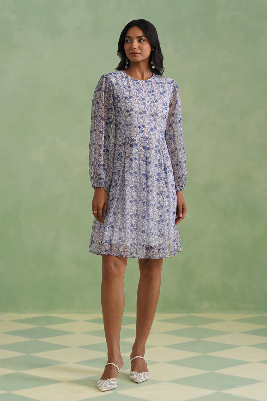 Porcelain Blue Floral Lurex Mini Dress