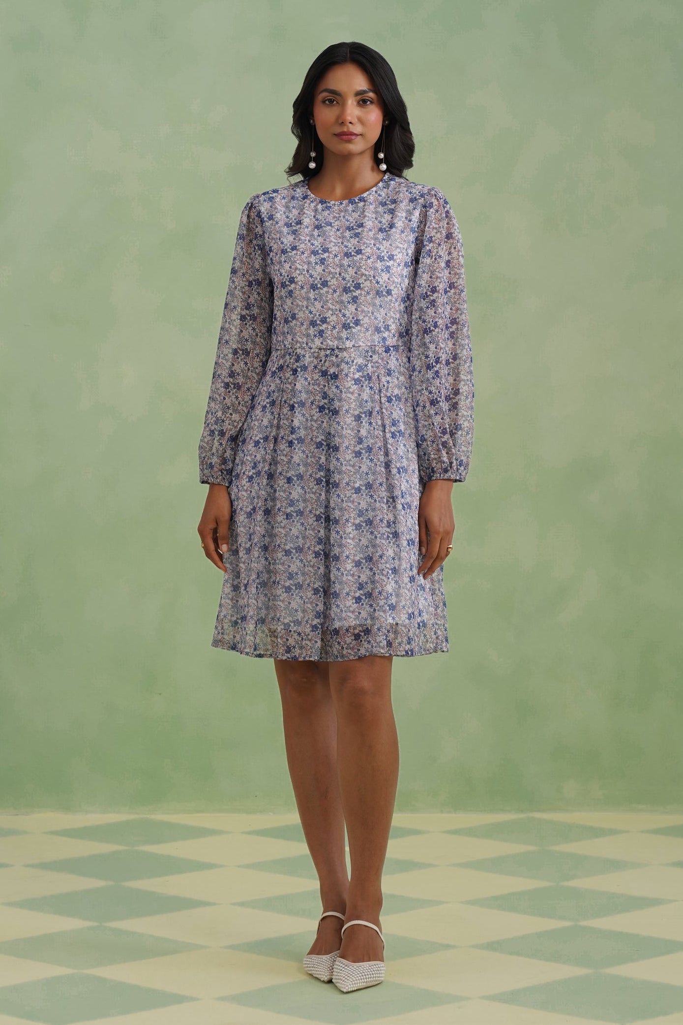 Porcelain Blue Floral Lurex Mini Dress