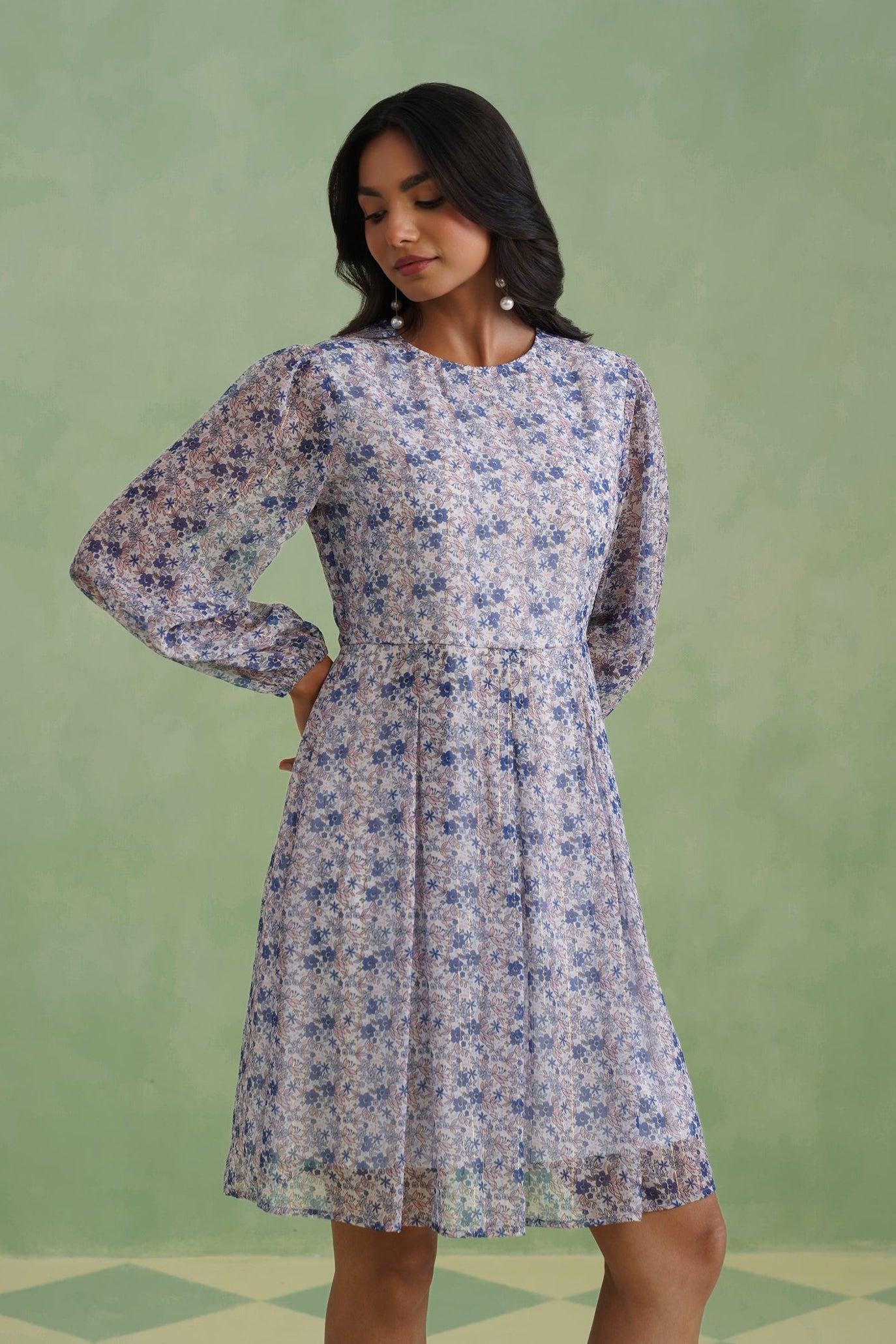 Porcelain Blue Floral Lurex Mini Dress