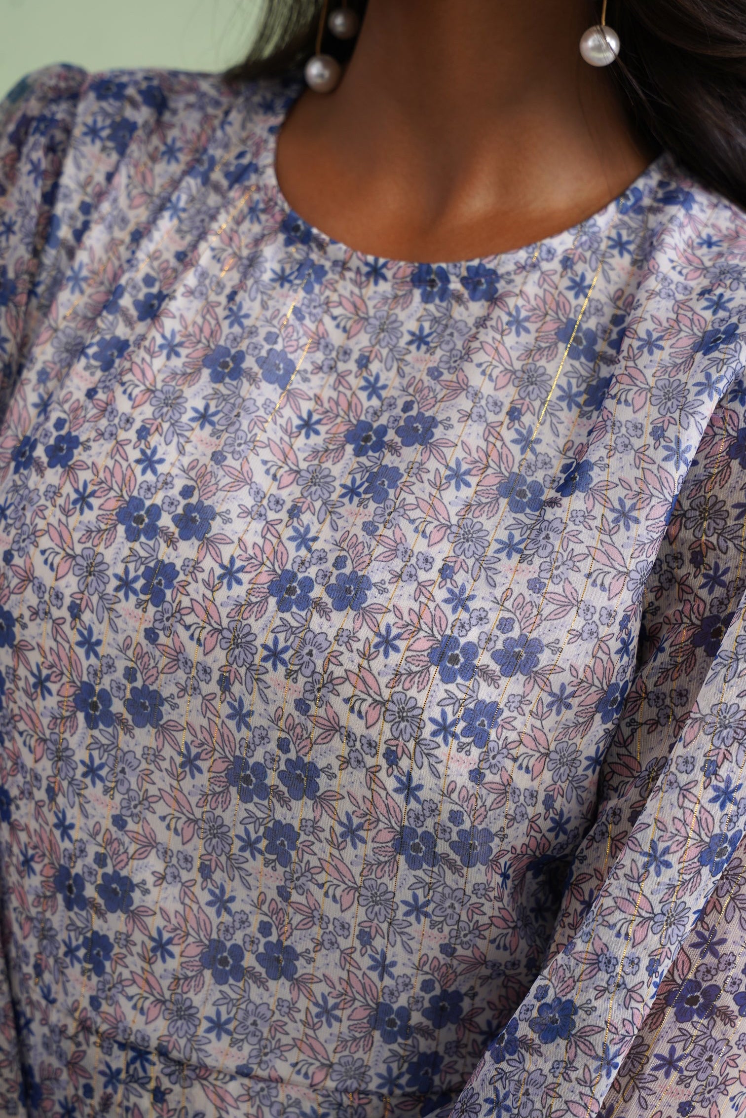 Porcelain Blue Floral Lurex Mini Dress