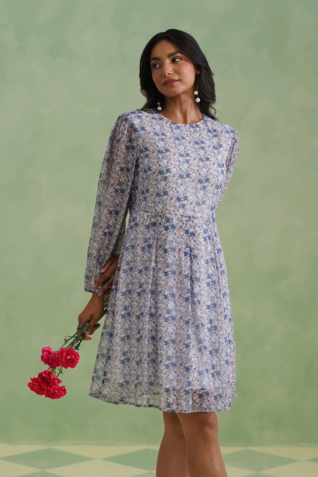 Porcelain Blue Floral Lurex Mini Dress