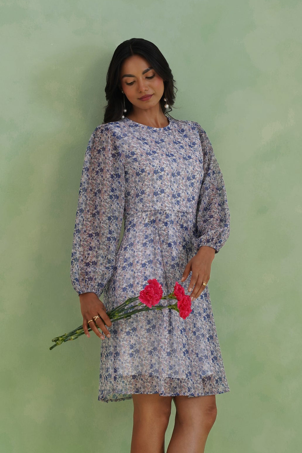 Porcelain Blue Floral Lurex Mini Dress
