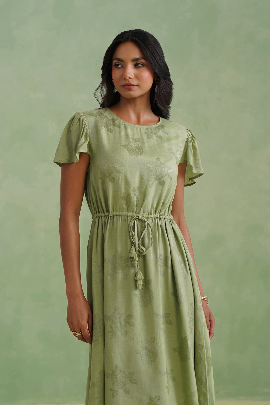 Pistachio Green Floral Jacquard Midi Dress