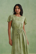 Pistachio Green Floral Jacquard Midi Dress