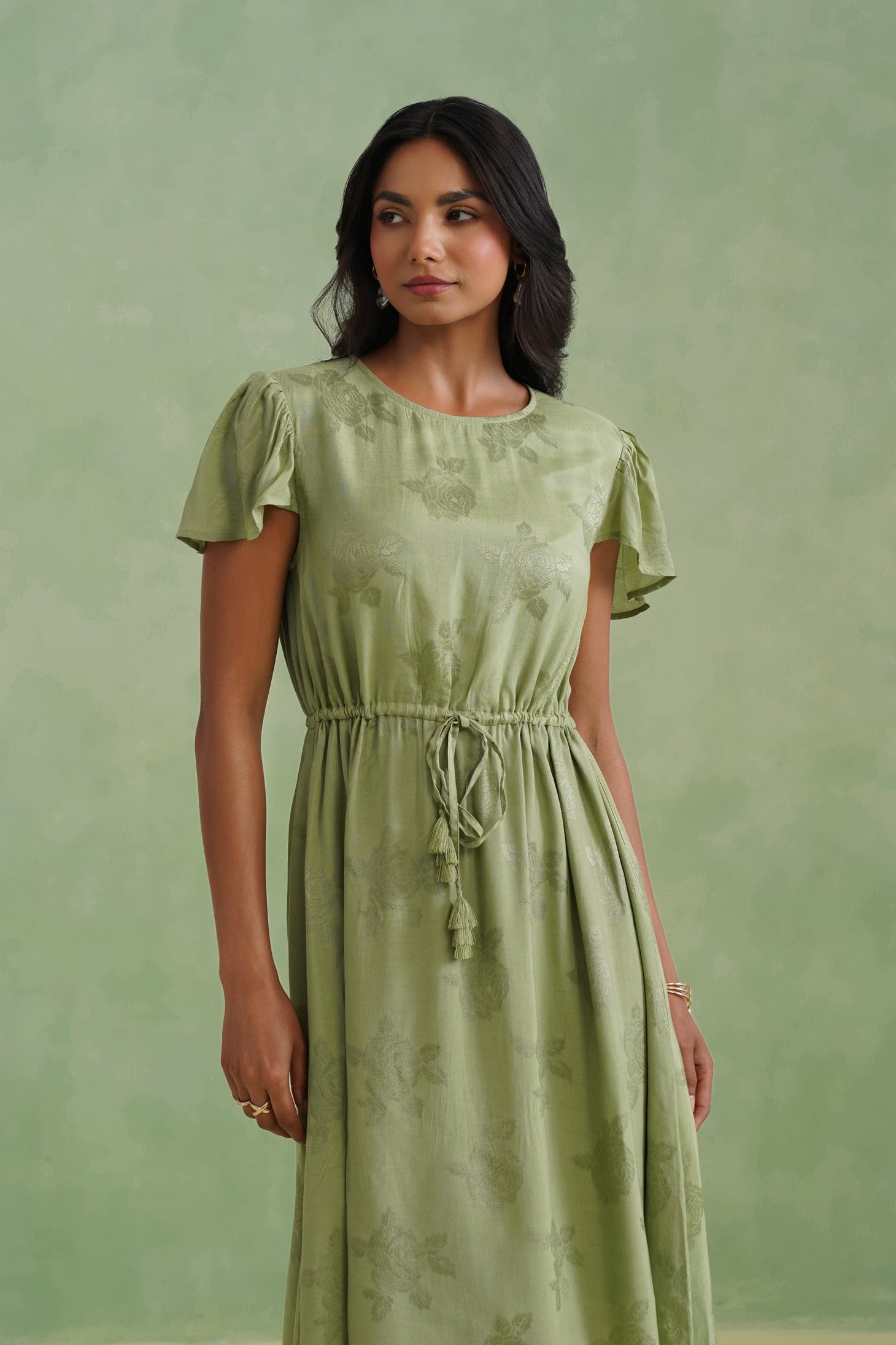 Pistachio Green Floral Jacquard Midi Dress