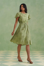 Pistachio Green Floral Jacquard Midi Dress