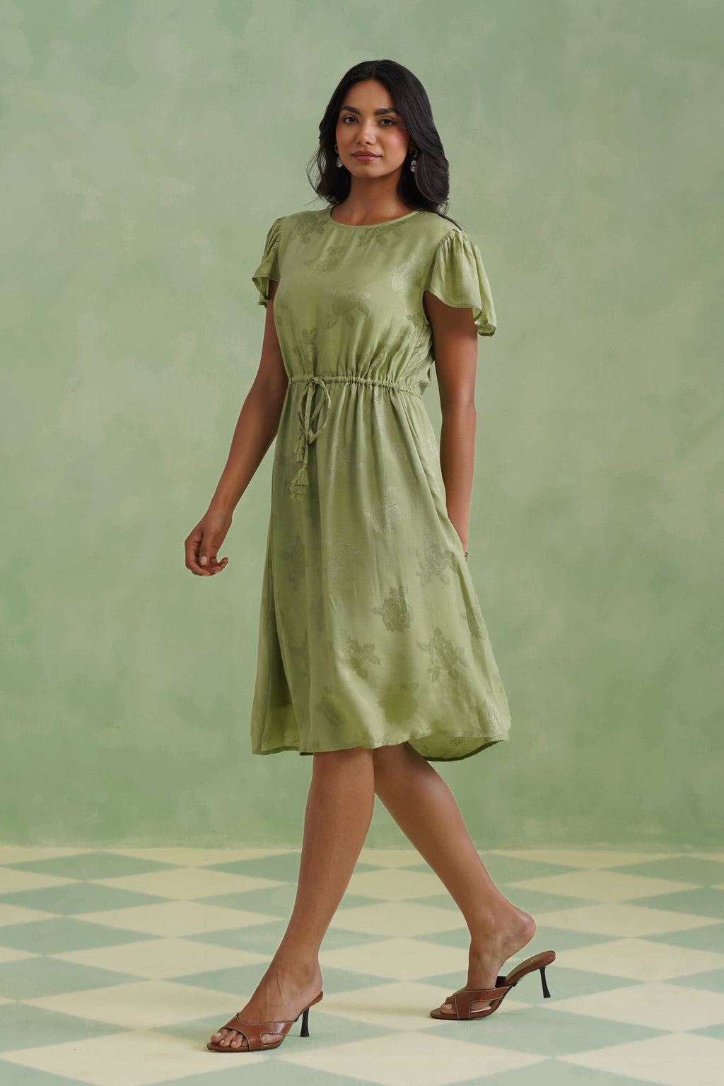 Pistachio Green Floral Jacquard Midi Dress