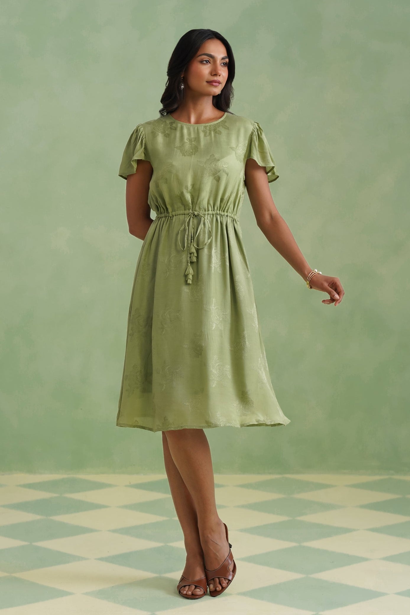 Pistachio Green Floral Jacquard Midi Dress