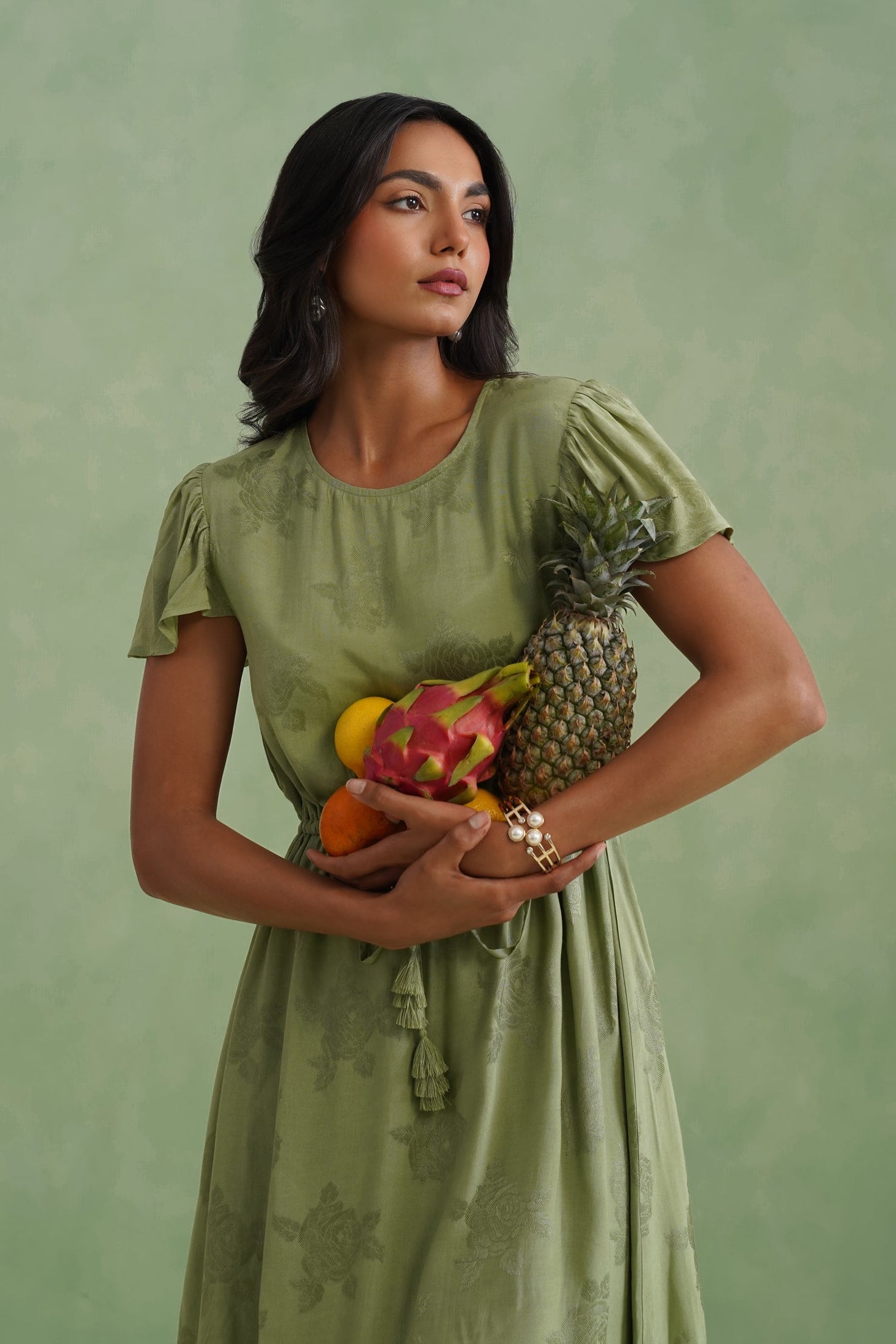 Pistachio Green Floral Jacquard Midi Dress